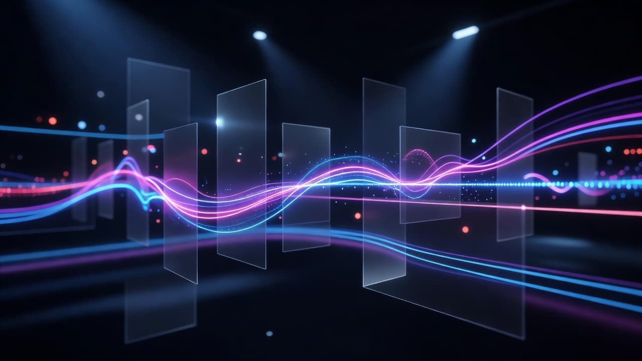 VIBE AI Video Generator cinematic preview with vertical video cards and motion light trails