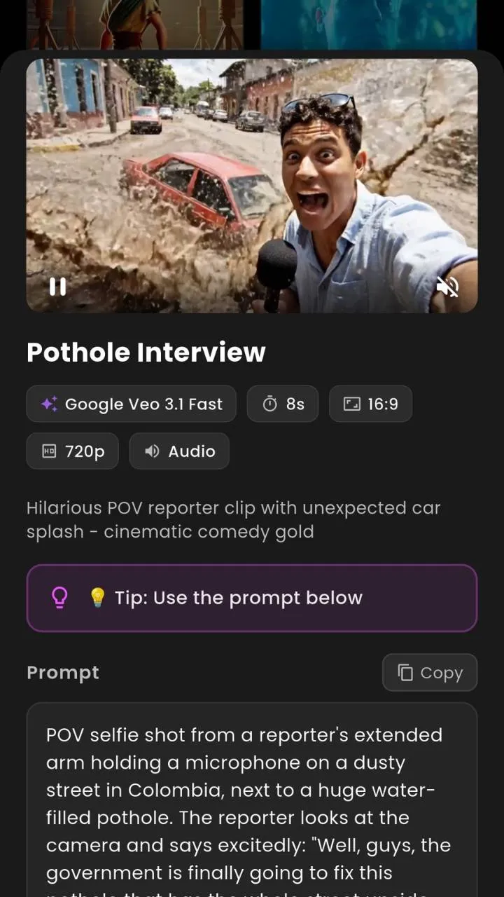 VIBE app interface showing AI-generated video preview and prompt-to-video creation